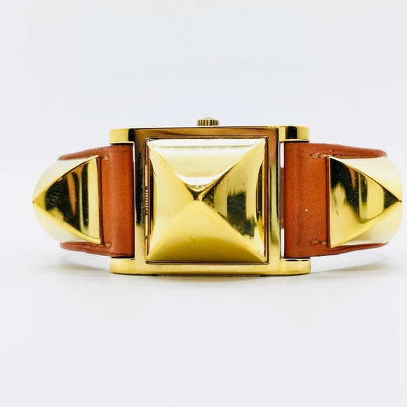 Hermes Accessories - Hermes Medor Quartz Watch Plated Metal and Leather 23 Tan / Orange